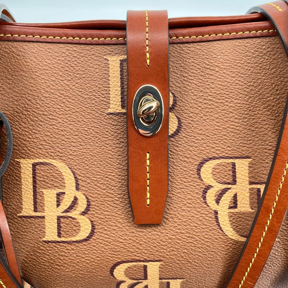 Dooney & Bourke Dover Tote Brown DB Monogram Leather Trim Gold Shoulder Bag - Picture 4 of 16